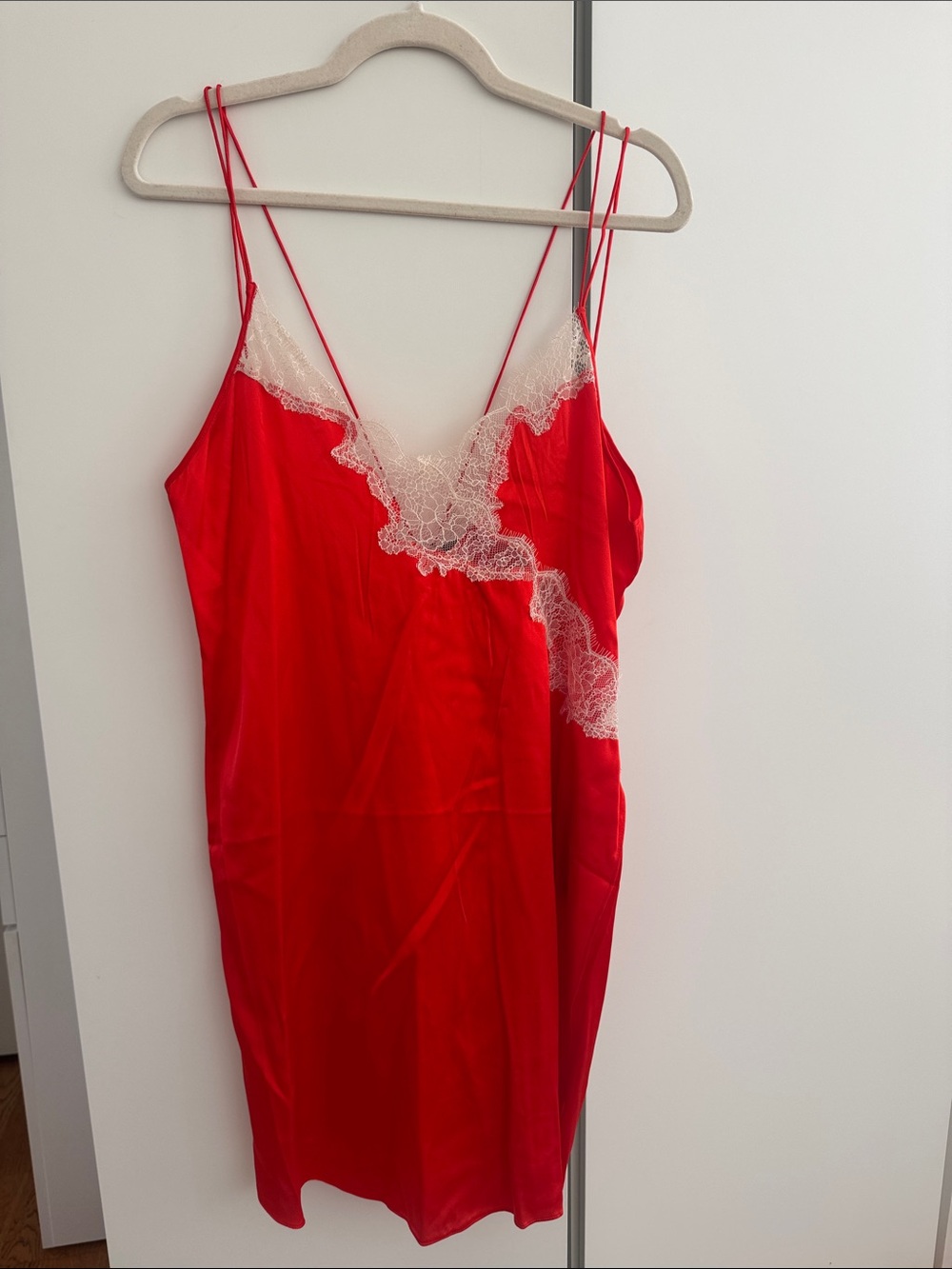 Red Lace-Trim Satin Slip Dress - Zara